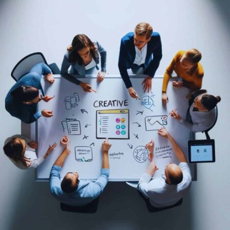 Team di lavoro che analizza una strategia di marketing su documenti e laptop in un ambiente professionale